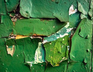 Close-up of peeling, textured green paint revealing layers beneath