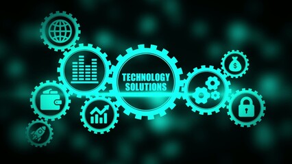 Glowing teal technology solutions gear with business and finance symbols on dark background gear business