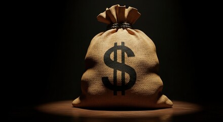 A money bag with a dollar sign on a dark surface viewed from the front
