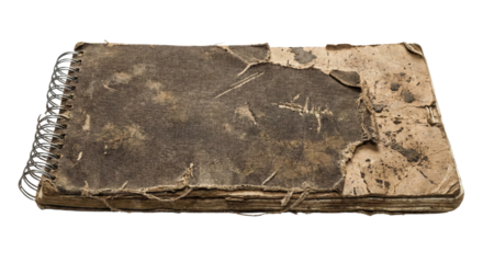 Old worn spiral sketchbook with stained textured cover