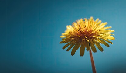 Close-up of a bright yellow dandelion against a deep blue, gradient sky background