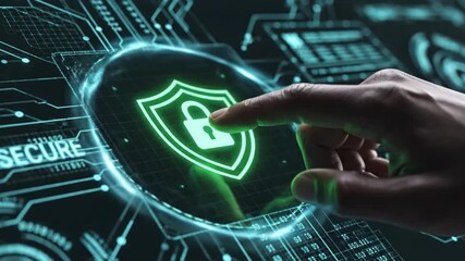 Finger touching glowing shield lock icon digital cybersecurity interface conveying network protection and security futuristic touchscreen environment hand interacting with glowing shield symbolizing - Powered by Adobe