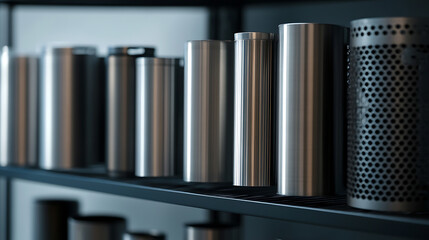 Arrangement of cylindrical objects on a shelf. Sleek, metallic containers stand side by side, differing in size and surface finish. A mix of solid and perforated designs.