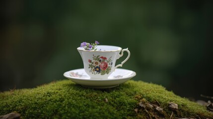 Teacup on mossy surface