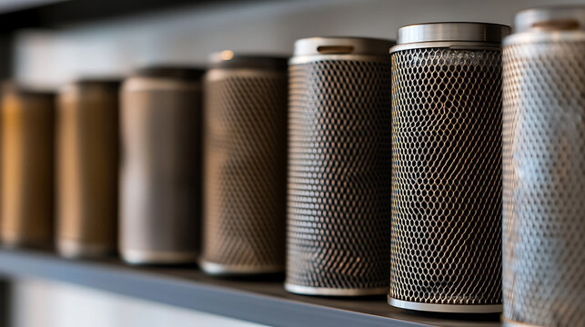 Close-up shot showcasing a row of cylindrical filters with a distinctive mesh pattern, arranged neatly on a shelf, displaying a modern aesthetic and functional design.