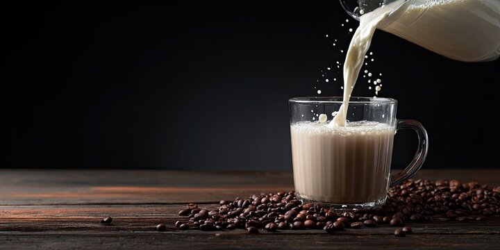 Milk cascading into coffee filled mug. Coffee beans on wooden surface against dark background - Powered by Adobe