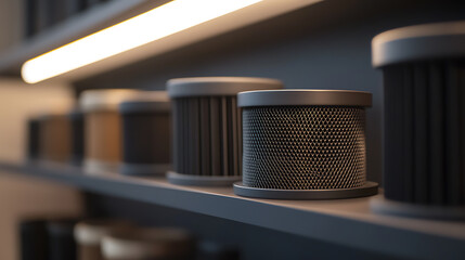 An array of cylindrical objects arranged on a shelf under a warm light. The items vary in color, creating a gradient from light to dark. Some objects have a mesh-like texture.