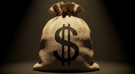 A burlap sack with a dollar sign on it sits on a dark surface, illuminated by a spotlight