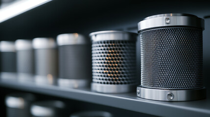 Row of sleek, industrial-style containers with stainless steel accents, arrayed on a shelf, offering a modern aesthetic with a focus on pattern and texture.