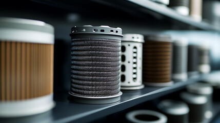 A row of various cylindrical filters on a dark shelf, displaying different designs and materials. The filters are neatly arranged, showing textures and patterns.