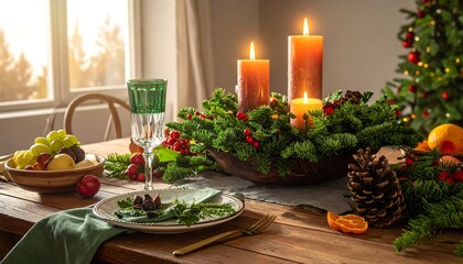 Festive Christmas Table Setting with Candles and Decorations.