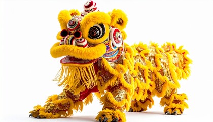 Realistic Barongsai lion dance, yellow costume, full figure, intricate fabric textures, ornate headpiece, isolated on white background, cinematic lighting, ultra-realistic, stock-ready.
Looking at cam
