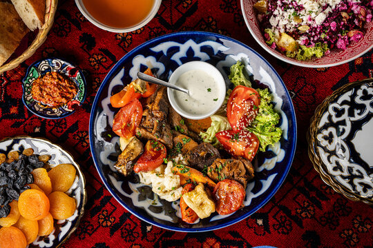 Traditional tatar uzbek meat platter with vegetables