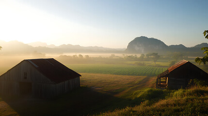 A landscape featuring a barn in the foreground, a field of crops in the middle ground, and mountains in the background with a misty sky on an early morning. Serene rural landscape.