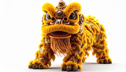 Realistic Barongsai lion dance, yellow costume, full figure, intricate fabric textures, ornate headpiece, isolated on white background, cinematic lighting, ultra-realistic, stock-ready.
Looking at cam