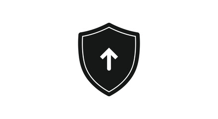 A striking black shield icon with a white upward pointing arrow a bold silhouette