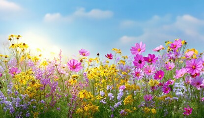 Obraz premium Vibrant field of blooming wildflowers under a bright blue sky with fluffy white clouds