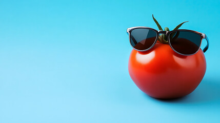 Tomato chilling with sunglasses on a bright blue background. Perfect for summer vibes, fresh produce, and healthy eating promotions! Fun, vibrant, and refreshing!