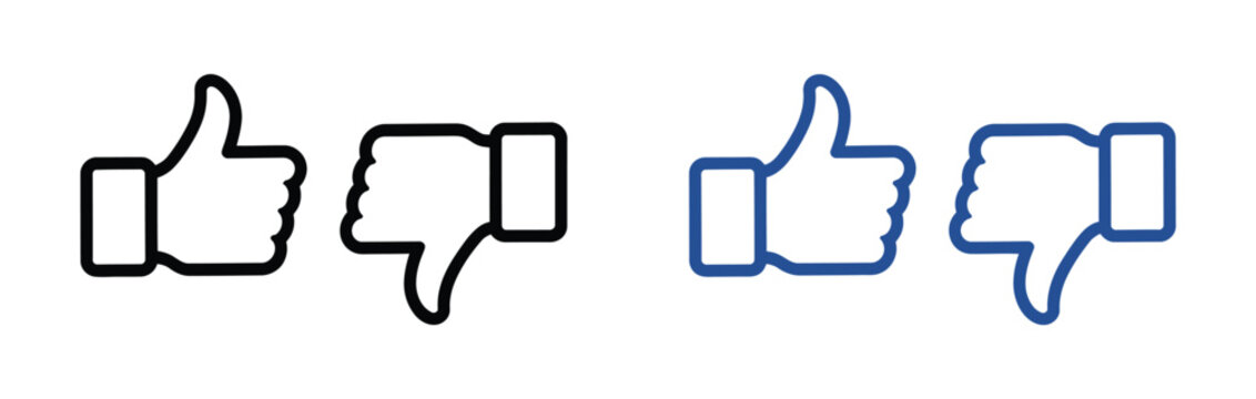 Thumbs Up and Thumbs Down Icons, isolated transparent vector symbols representing approval and disapproval, like and dislike gestures, feedback, and rating concepts.