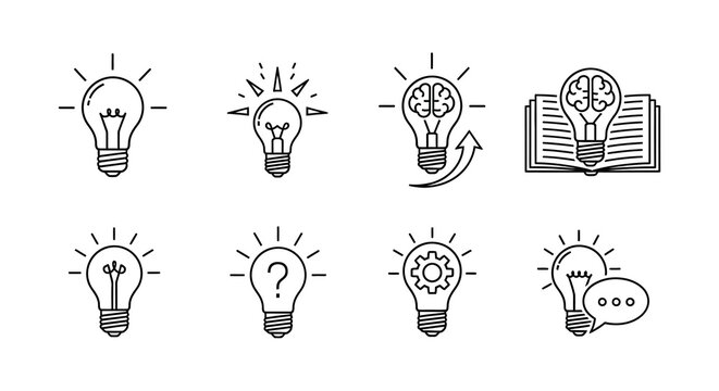 A series of lightbulb and open book icons representing ideas and learning silhouette