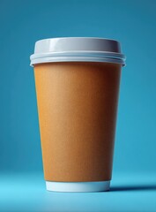 Brown paper cup with a white lid, on a vibrant blue background, soft lighting
