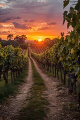Sunset over vineyard