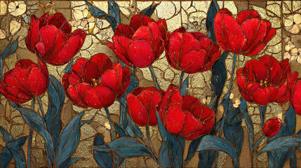 Luxury red tulips in stained glass style with gold background