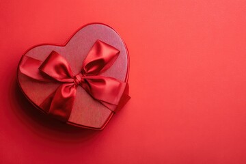 Overhead shot of a heart-shaped gift box with a satin bow, sitting on a red surface