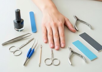 A complete set of manicure tools laid out on a clean surface, ready for personal nail care session