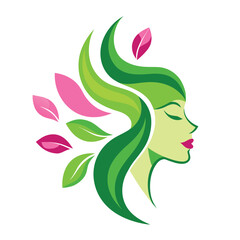 Nature Inspired Health Illustration Featuring a Female Silhouette with Organic Leaf Motifs for Wellness