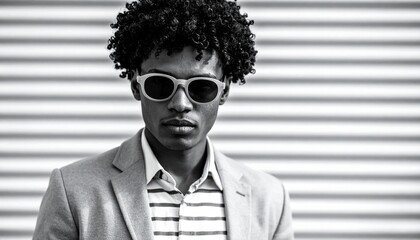 Fototapeta premium Stylish Young Man in Sunglasses Posing Confidently Against a Striped Urban Wall in a Black and White Portrait
