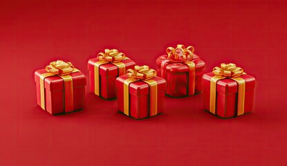 Five red gift boxes tied with gold ribbon sit on a matching red surface