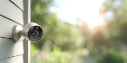 A security camera is mounted on a wall with greenery blurred in the background, a sunny day