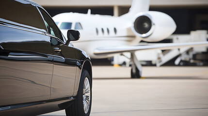 Experience premium travel with a sleek black car parked near a private jet, symbolizing luxury and convenience for high-end clients. Elevate your journey!