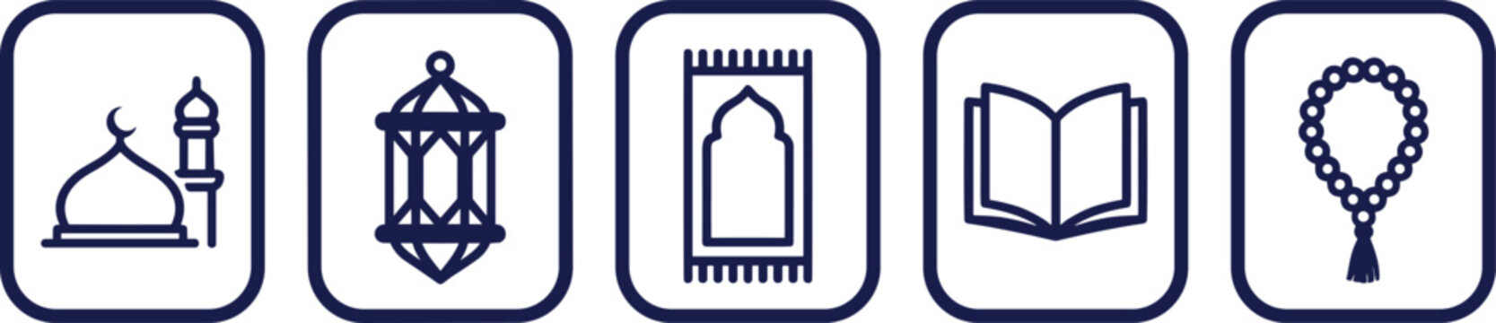 Set of Islamic line icons including mosque, lantern, prayer rug, holy quran, and tasbih beads, perfect for ramadan kareem and eid mubarak design.