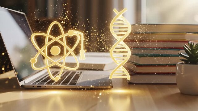 Digital Science and Education Laptop Books DNA Atom.
