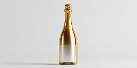A golden, decorative bottle, with a blank label, on a clean, light gray background