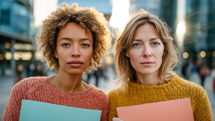 Two women in city, diverse backgrounds, holding blank signs. Focused expression, potential for advocacy or message display, modern urban setting.