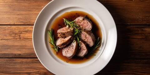 Sliced cooked meat with gravy and rosemary sprigs served on a white plate on a wooden table