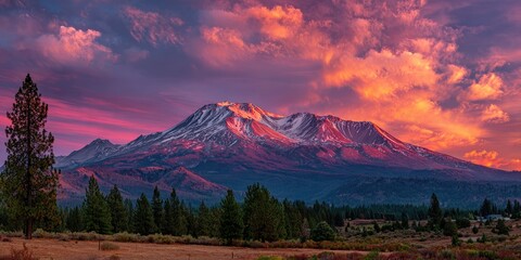 Majestic snow-capped mountain lit by sunset, pink and orange clouds, trees and fields below