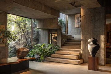 Modern architectural interior with a concrete staircase, large windows, and natural light