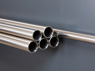 Five polished stainless steel pipes rest against a gray wall, showcasing industrial modernity. Use: architectural portfolio spread, engineering.