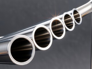 Four polished metallic circular openings reflect bright illumination against a matte black backdrop, showcasing sleek design. Use: car parts.