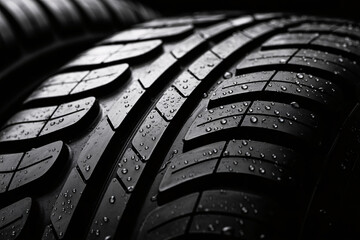 Close-up of wet black car tire tread with water droplets and dramatic lighting