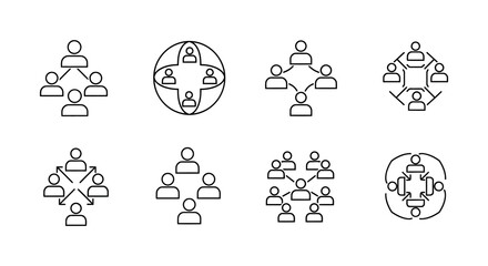 Fototapeta premium A collection of circular line art designs depicting people within interconnected geometric shapes silhouette