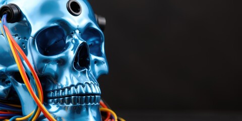 A blue metallic skull with colorful electronic wires and circuitry, suggesting advanced technology. Use: tech conference backdrop, sci-fi book.