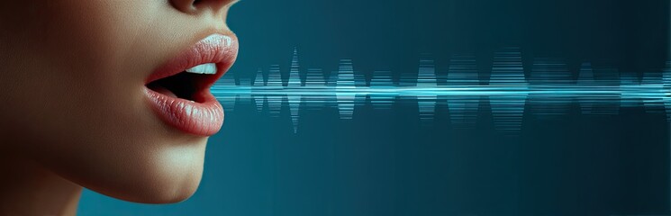 A side profile of a woman's face, with open mouth, and soundwaves on a dark blue background