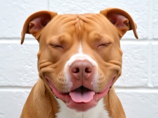 A brown and white pitbull smiles happily with its tongue out against a brick wall. Use: veterinary clinic poster, animal shelter advertisement.