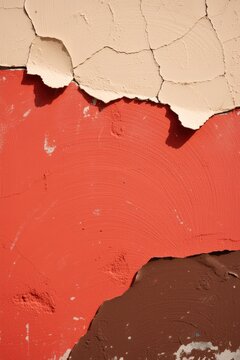 Close-up of a weathered, multi-colored exterior with peeling orange and brown paints revealing textured layers. Use: architectural photography.