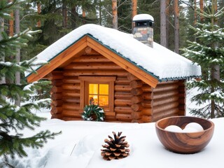 A small log-style winter lodge with a lit window, nestled among snow-covered pine trees in the woods. Use: travel blog feature image, holiday card.